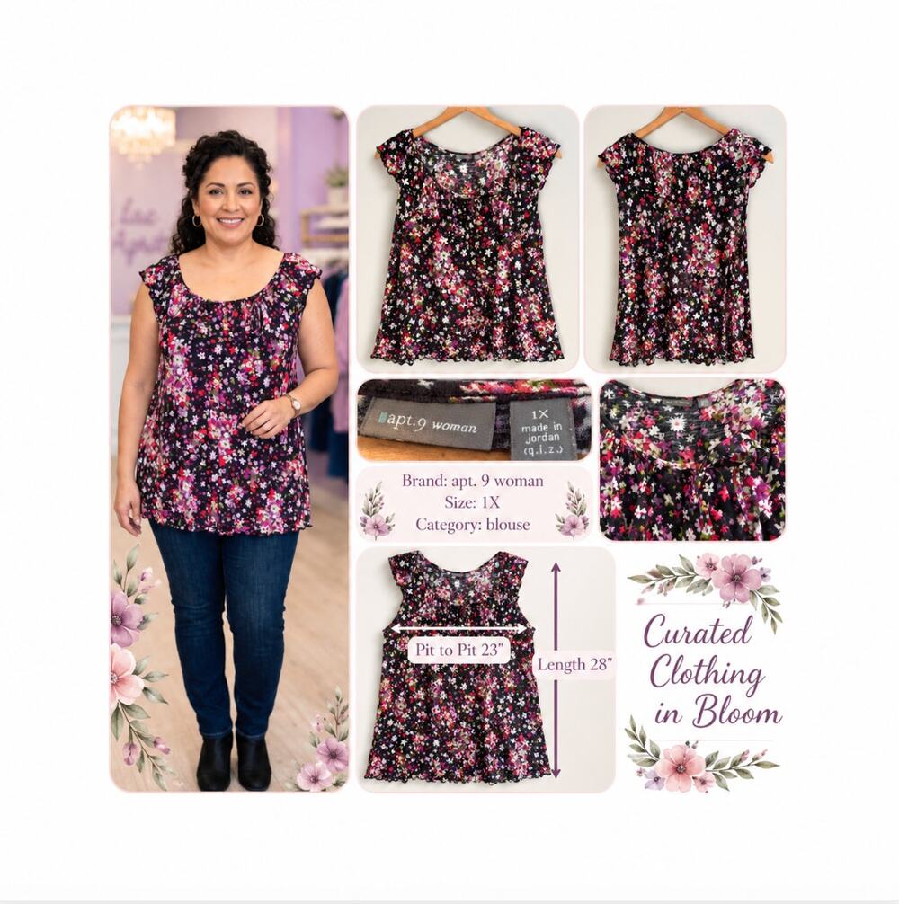 Apt. 9 Woman Black Floral Ruffle-Trim Blouse Size 1X